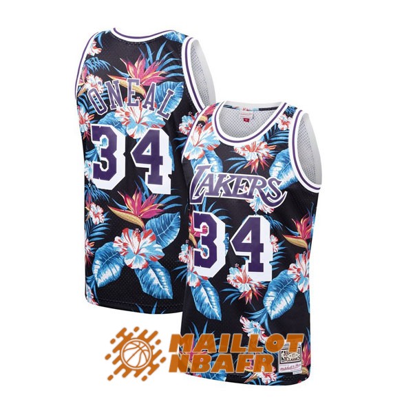 maillot los angeles lakers mitchell x ness floral shaquille o'neal 34 noir bleu rouge