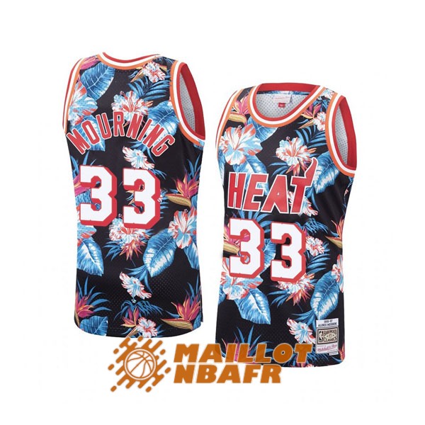 maillot miami heat mitchell x ness floral alonzo mourning 33 noir bleu rouge